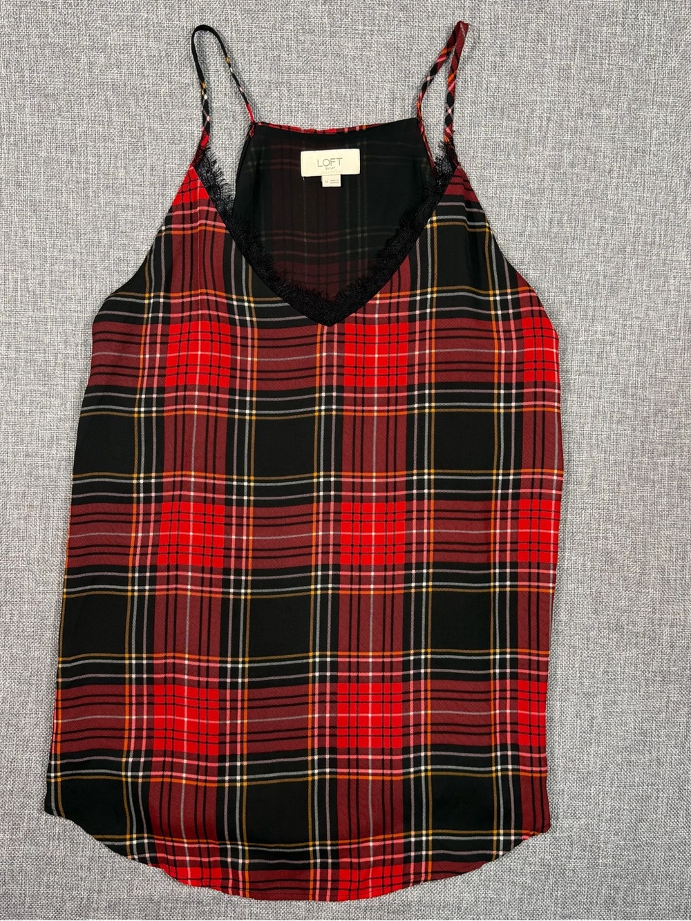 LOFT Red and Black Plaid Lace-Trim Cami